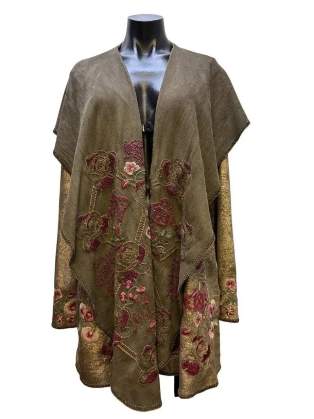 Biya Johnny Was Olive Hooded Embroidered Open-Front Jacket  XS